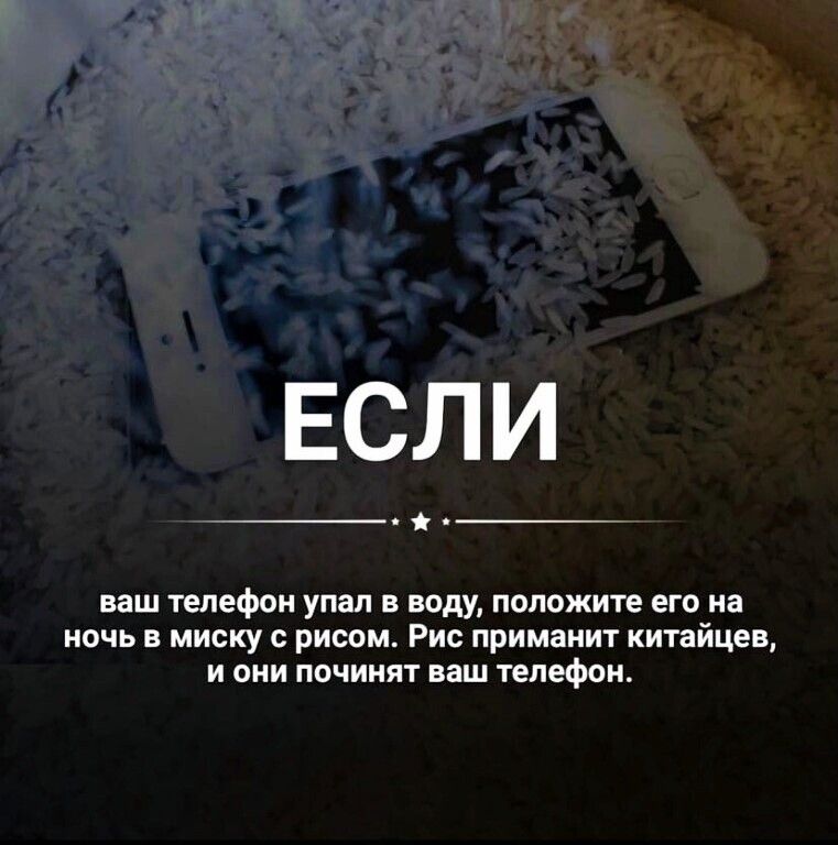 ваш телефон упал в воду положит его и ночь миску рисом Рис пришиит кит иии и оии починят иш телефон