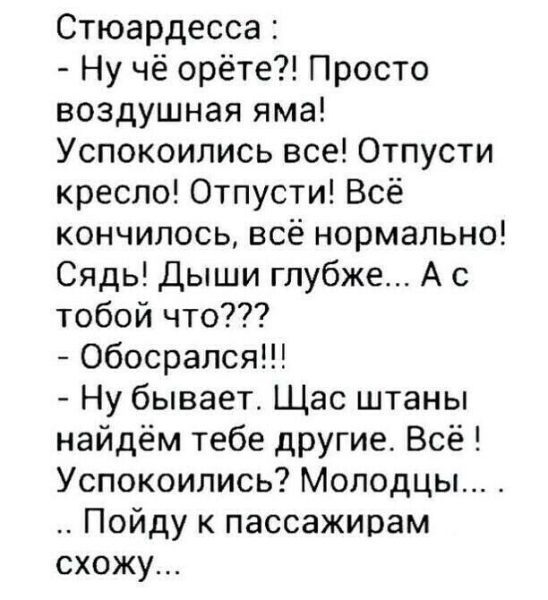 Стюардесса Ну чё орёте Просто воздушная яма Успокоились все Отпусти кресло Отпусти Всё кончилось всё нормально Сядь Дыши глубже А с тобой что Обосрался Ну бывает Щас штаны найдём тебе другие Всё Успокоились Молодцы Пойду к пассажирам схожу