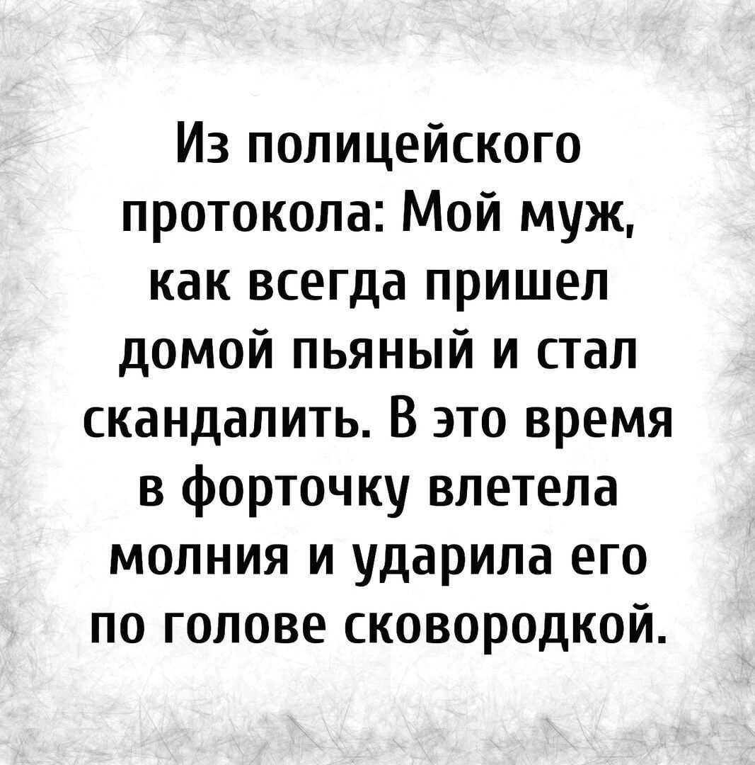 Из полицейского протокола Мой муж как всегда пришел домой пьяный и стал скандалить В это время в форточку влетела молния и ударила его по голове сковородкой