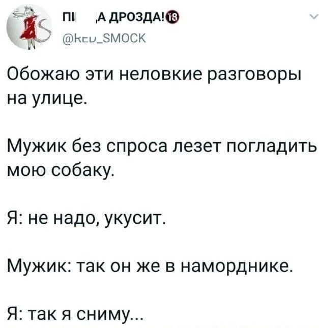 А дроздмэ н_змоск Обожаю эти неловкие разговоры на улице Мужик без спроса лезет погладить мою собаку Я не надо укусит Мужик так он же в наморднике Ятак я сниму