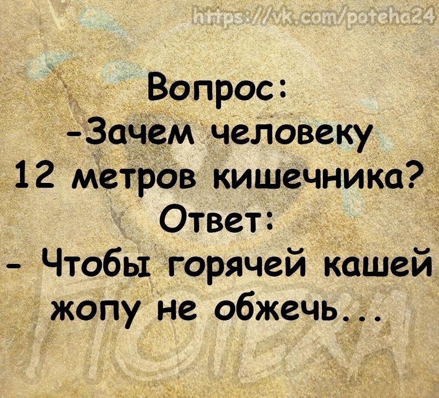Вопрос Заче_м человеку 12 метров кишечника Ответ Чтобы горячей кашей жопу не обжечь