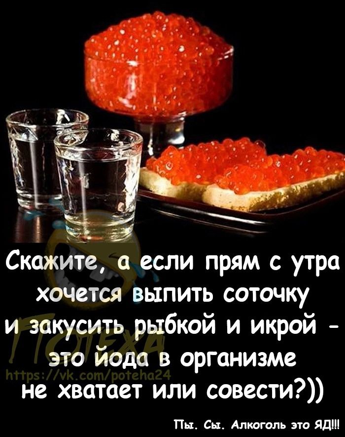 Скажите а если прям с утра хочется выпить соточку и закусить рыбкой и икрой это йода в организме не хватает или совести Пн Сн Алкоголь это Яд