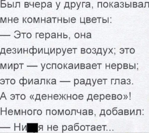 Был вчера у друга показывал мне комнатные цветы Это герань она дезинфицирует воздух это мирт успокаивает нервы это фиалка радует глаз А это денежное дерево Немного помолчав добавил 7 Ния не работает