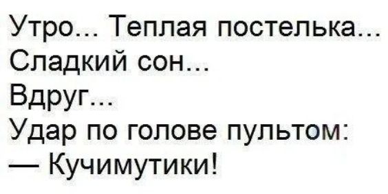 Утро Теплая постелька Сладкий сон Вдруг Удар по голове пультом Кучимутики