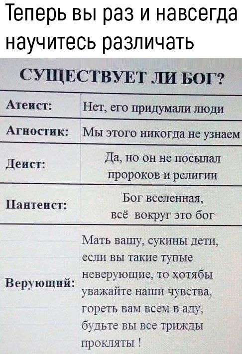 Теперь вы раз и навсегда научитесь различать СУЩЕСТВУЕТ ЛИ БОГ Атеисг Нет его пришмшш люди АГПОСТПК Мы ЭТОГО никогда не узнаем Да но он не посьшал Деист пророков и религии Бог вселенная Пантеист __ все вокруг эта бог Мать вашу сукпны дети если вы такие тупые _ неверующна то хотябы Веруюшпп уважайте наши чувства гореть вам всем в аду будьте вы все трижды прошяты