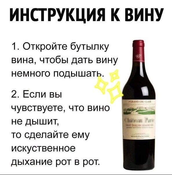 ИНСТРУКЦИЯ К ВИНУ 1 Откройте бутылку вина чтобы дать вину немного подышат 2 Если вы чувствуете что вино не дышит то сделайте ему искуственное дыхание рот в рот