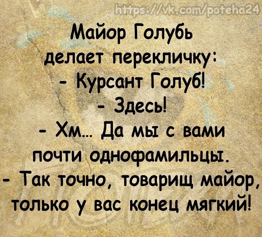 _ Майор Голубь делает перекличку Курсант Голуб Здесь Хм Да мы с вами почти однофамильцы Так точно товарищ майор только у вас конец мягкий