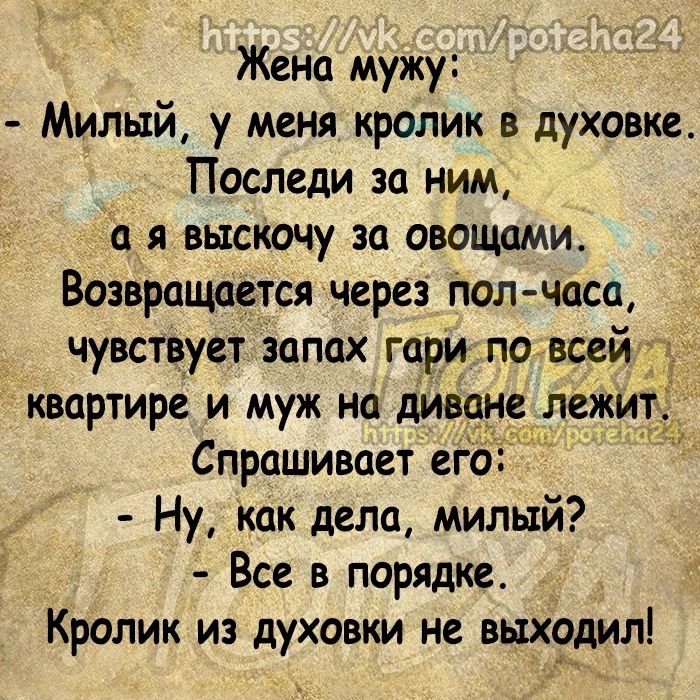 Жена мужу Милый у меня кролик в духовке Последи за ним а выскочу за овощами Возвращается через пол часа чувствует Запах гари по все квартире и муж на дива е лежит Спрашивает его Ну как дела милый Все в порядке Кролик из духовки не выхадил