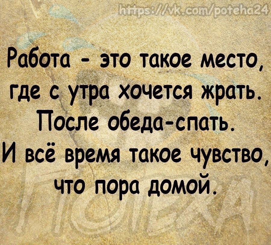 Работа _ это такое место где скутре хочется жрать Пбсле обеда спать И всё время такое чувство что пора домой