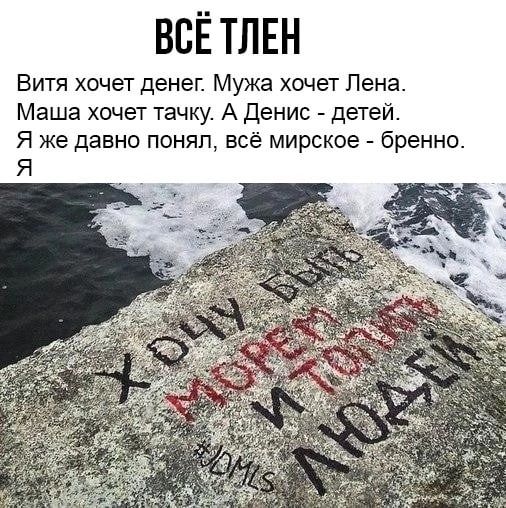 ВСЁ ТЛЕН Витя хочет денег Мужа хочет Пена Маша хочет тачку А Денис детей Я же давно понял всё мирское бренно Я