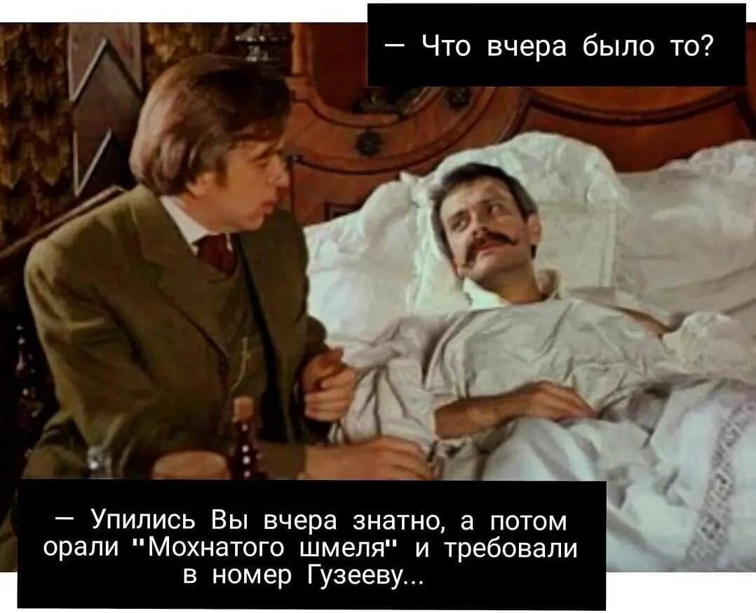 Что вчера было то Упились Вы вчера знатно а потом орали Мохнатого шмеля и требовали в номер Гузееву