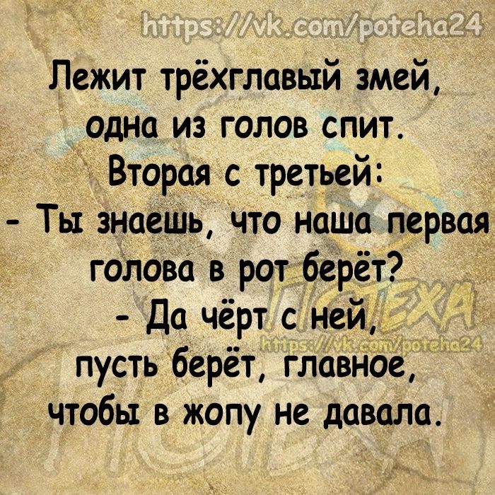 Лежит трёхглавьтй змей одна из голов спит Вторая с третьей Ты знаешь что наша первая голова в рот берёт Да чёрт с ней пусть берёт главное чтобы в жопу не давала