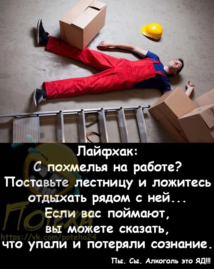 Лайфхак С похмелья на работе Поставьте лестницу и ложитесь отдыхать рядом с ней Если вас поймают вы можете сказать что упали и потеряли сознание Пн дк Алкоголь эти ЯД