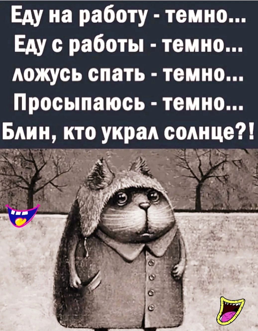 Еду на работу темно Еду с работы темно ложусь спать темно Просыпаюсь темно Блин кто украл соднце