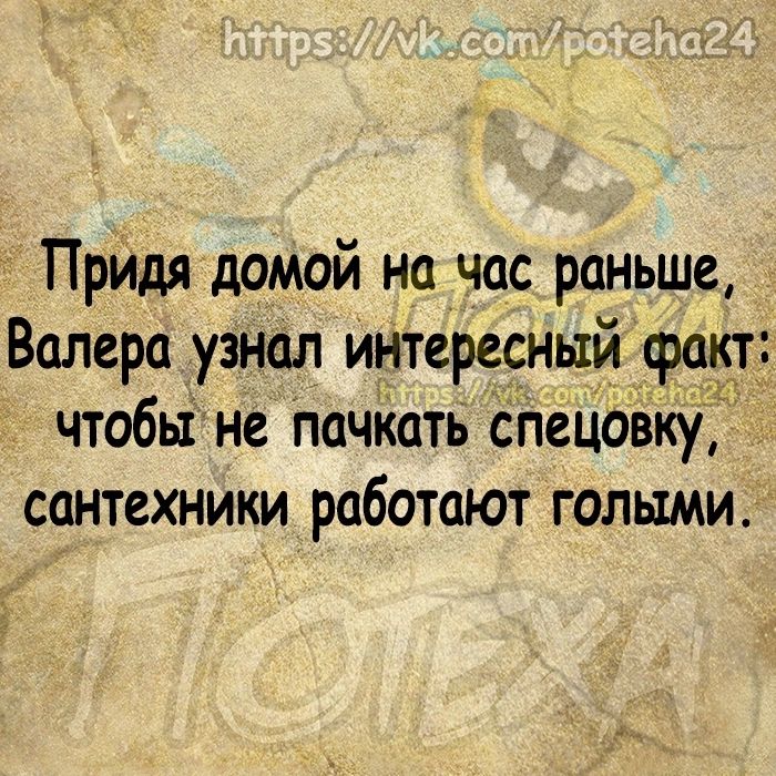 ПрИдя домой на час раньше Валера узнал Интересный факт чтобы не пачкать спецовку сантехники работают голыми