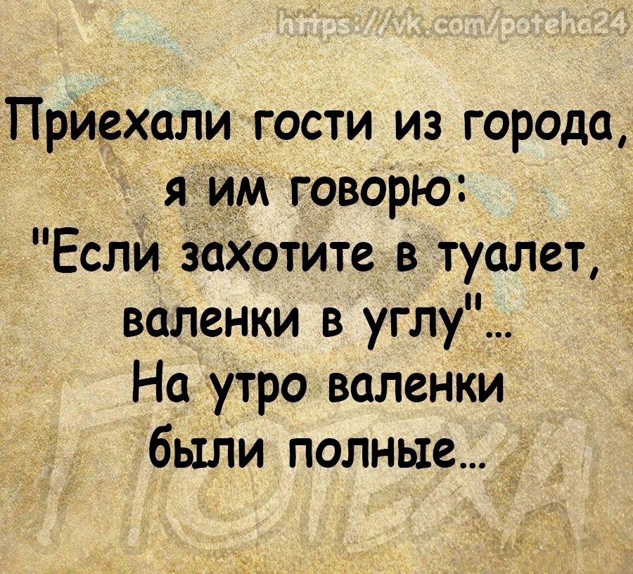 Приехали гости из города яИм говорю Если захотите в туалет валенки в углу На утро валенки были полные