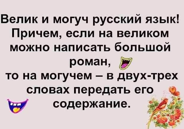 Велик и могуч русский язык Причем если на великом можно написать большой роман то на могучем в двух трех словах передать его содержание