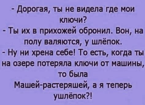 Дорогая ты не видела где нои ключи Ты их в прихожей обронил Вон на полу валяются у шпёпок Ну ни хрена себе То есть когда ты на озере потеряла ключи от машины то была Машей раперяшей а я теперь ушлёпок