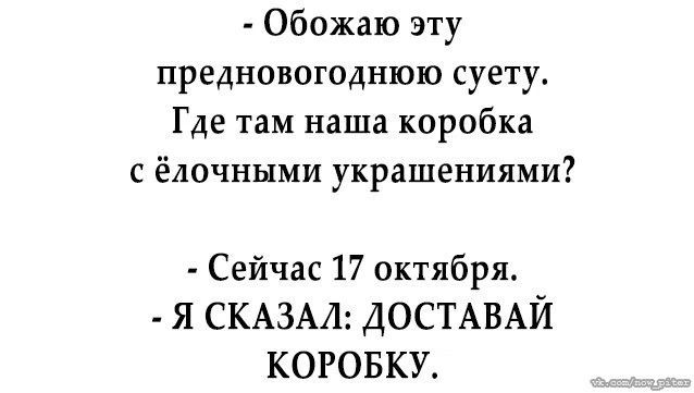 Обожаю эту предновогодние суету Где там наша коробка с ёлочными украшениями Сейчас 17 октября Я СКАЗАЛ ДОСТАВАЙ КОРОБКУ