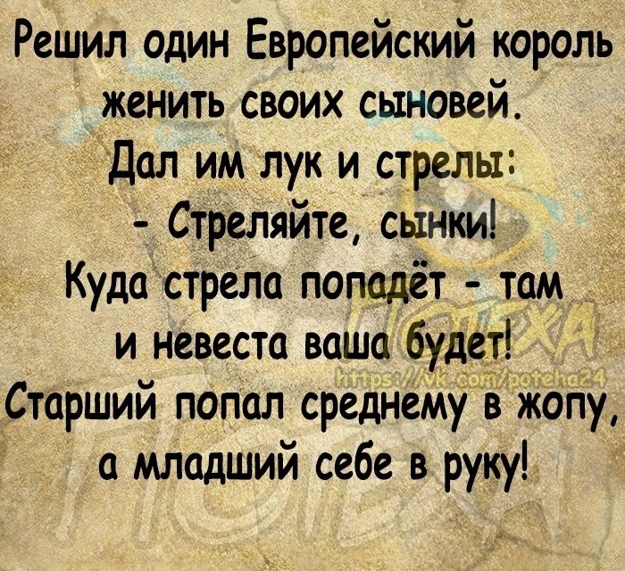 Решил один Европейский король женить своих сыновей Дал им лук и стрелы Стреляйте сынки Кудастрела попадёт _ ШМ и невеста ваша будет Старший попал среднему в жопу и младший себе в руку