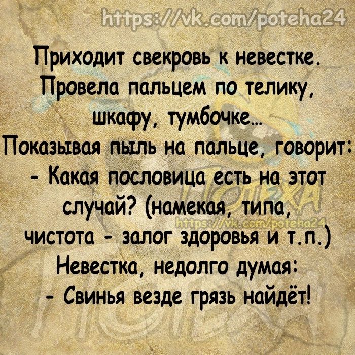 Приходит свекровь к невестке Провела пальцем по телику шкафу тумбочке Показьшая пьтль на пальце говорит Какая пословица есть но этот случай намекая типо _ чистота залог здоровья тп Невестка недолго думая Свинья везде грязь найдёт