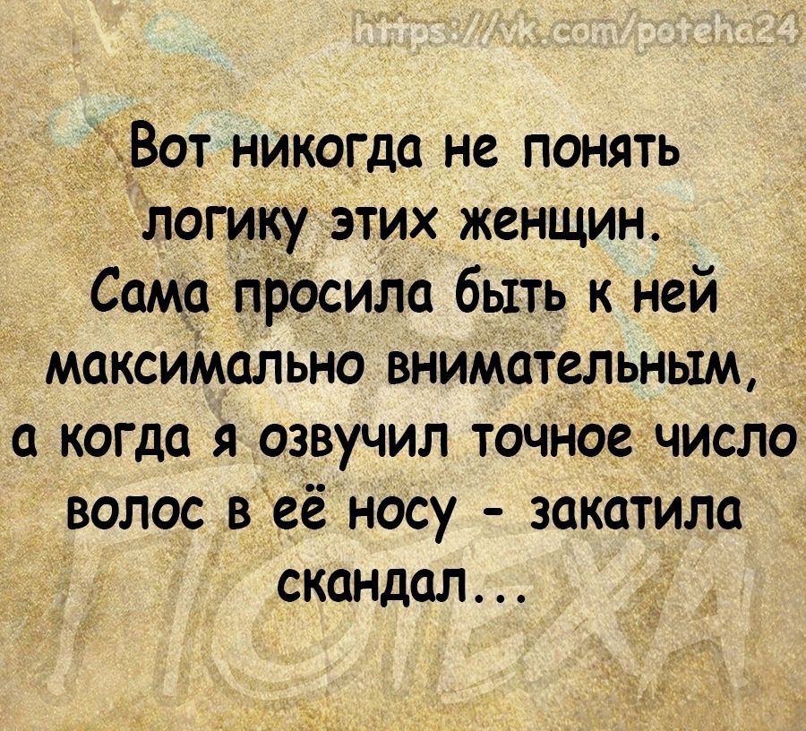 Вот никогда не понять логику этих женщин Сама пЬосила быть к ней максиМально внимательным а когда я озвучил точносчисло волос веё носу закатила скандал