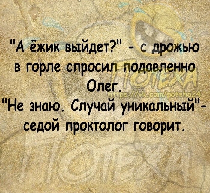 А ёжик выйдет с дрожью в горле спросил подавленно Олег Не знаю Случай уникальный седой проктолог говорит