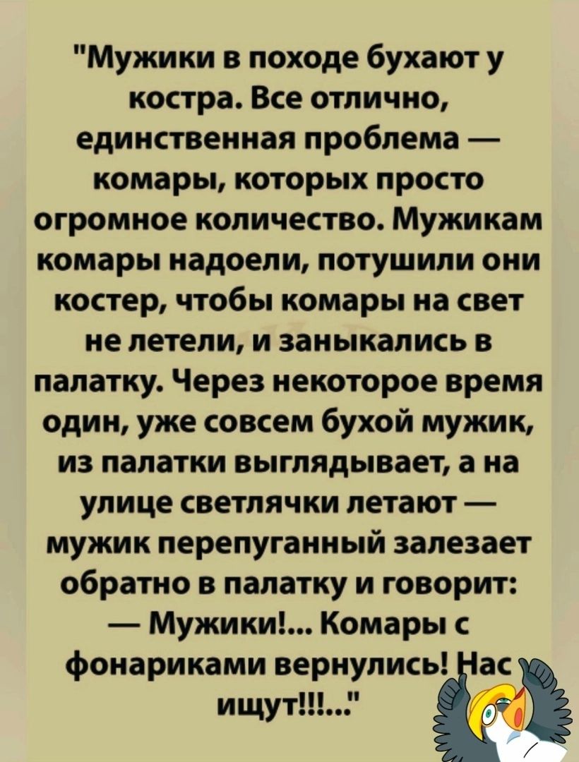 Мужики в походе бухают у костра Все отлично единственная проблема комары КОТОРЫХ ПРОСТО огромное количество Мужикам комары надоели ПОТУШИПИ ОНИ костер чтобы комары на свет не летели И ЗВНЫКЗПИСЬ В палатку Через некоторое время один уже совсем бухой мужик ИЗ палатки выглядывает а на улице светлячки летают мужик перепуганный залезает обратно в палатку и говорит Мужики Комары фонариками вернулись ас 