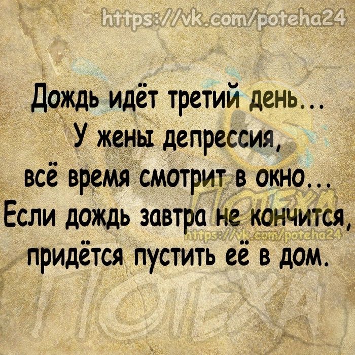 Дождь идёт третий день У жены депрессия всё время смотрит в окно Если дождь завтра не кончится придётся пустить её в дом