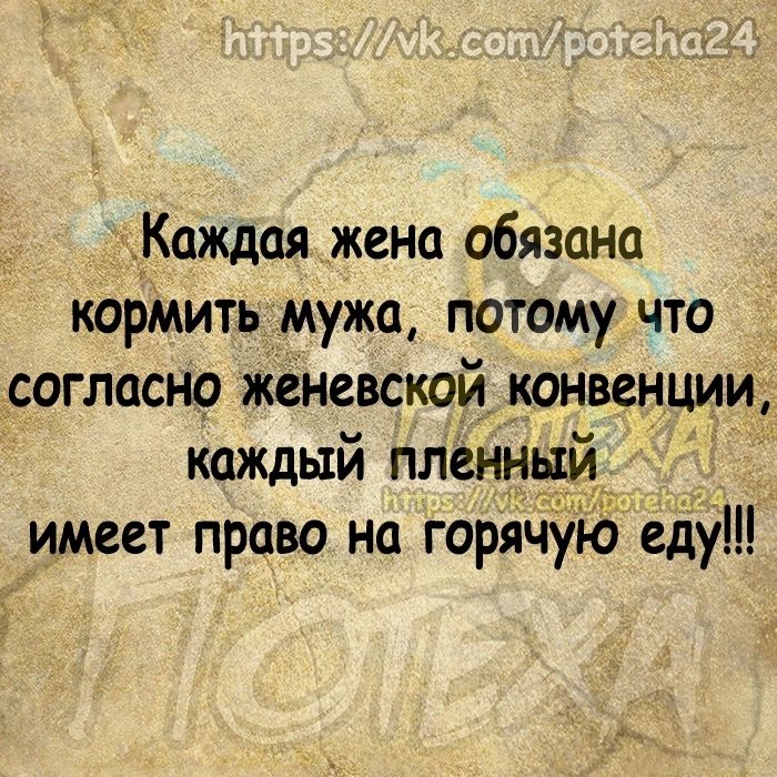 Каждая жена обязана кормить мужа потому что согласно женевской конвенции каждый пленны имеет право на горяч