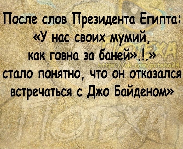 После слов Президента Египта У нас своих мумий _ как говНа за б_1ней стало понятночто он отказалЁя встречаться с Джо Байденом