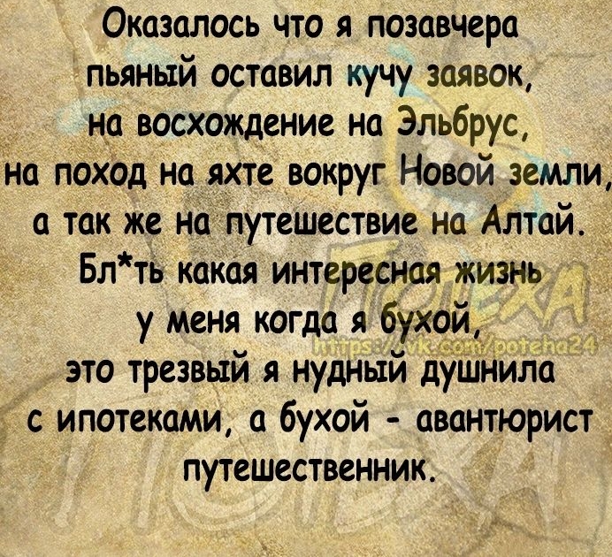 Оказалось что я позавчера пьяный оставил кучу заявок на восхождение нп Эльбрус на поход на яхте вокруг Новой земли а так же но путешествие на Алтай Блть какая интересная жизнъ у меня когда я бу это трезвый я нудный ду ла с ипотеками а бухой авантюрист путешественник