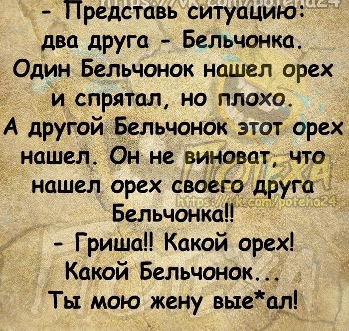 Представь ситуацию два друга Бельчонка Один Бельчонок нашел орех и спрятал но плохо А другой Бельчонок этот орех нашел Он не виноват что нашел орех своего друг Бельчонка ГриШаП Какой орех Какой Бельчонок Ты мою жену выдал