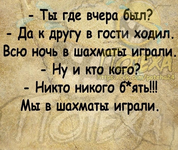 Ты где вчера был Дак другу в гости ходил Всю ночь в шахматы играли Ну и кто кого Никто никого бять Мы в шахматы играли