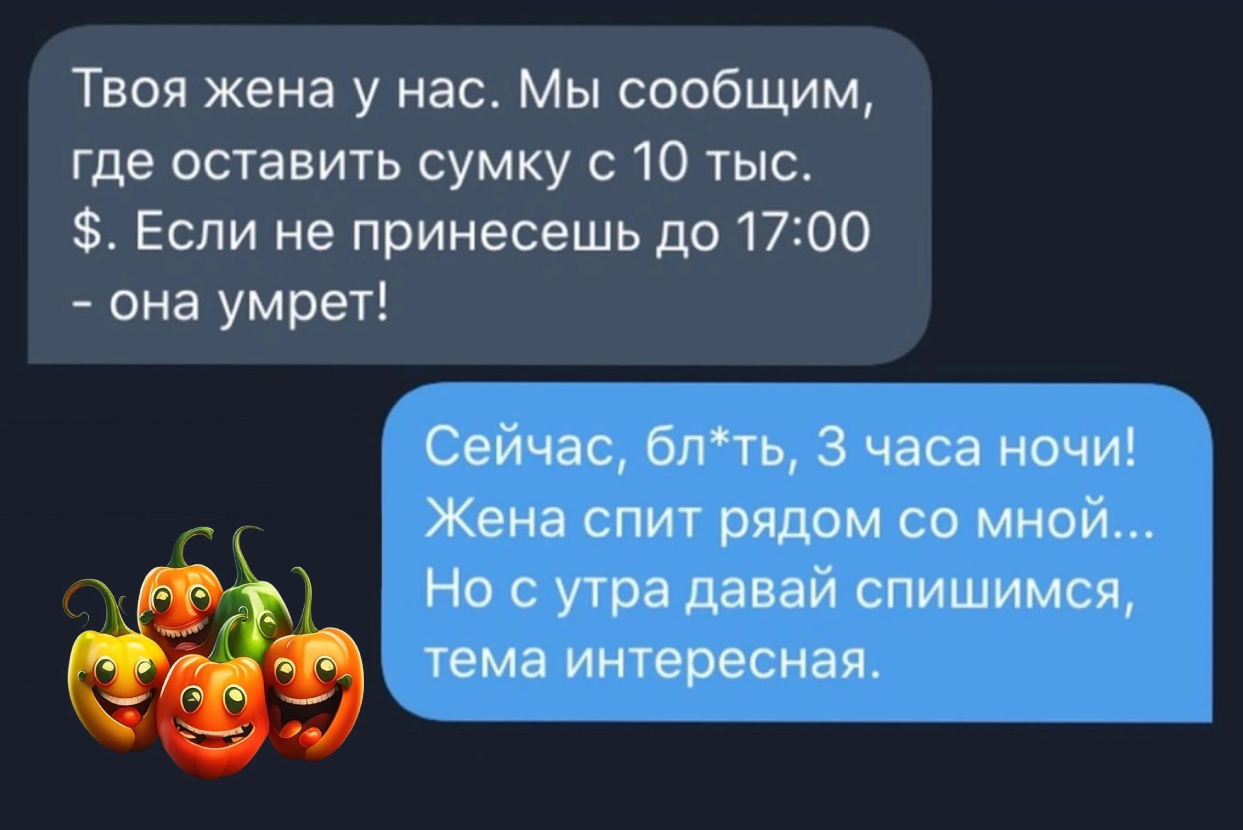 Твоя жена у нас Мы сообщим где оставить сумку с 10 тыс Если не принесешь до 17300 она умрет Сейчас блть 3 часа ночи _ Жена спит рядом со мной Но с утра давай спишимся тема интересная