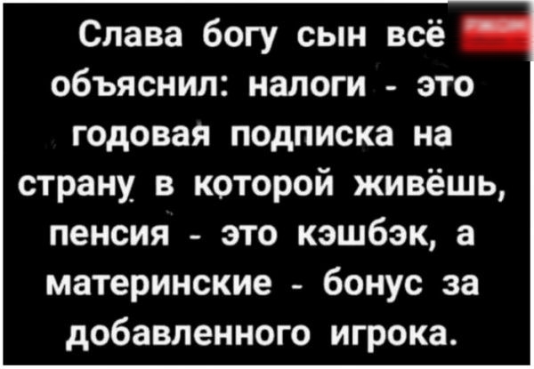 Слава богу сын всё объяснил налоги это годовая подписка на страну в которой живёшь пенсия это кэшбэк а материнские бонус за добавленного игрока