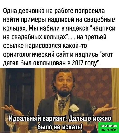 Одна девчонка на работе попросила найти примеры надписей на свадебные кольцах Мы набили в яндексе надписи на свадебных кольцах на третьей ссылке нарисовался какойто орнитологический сайт и надпись этот дятел был окольцован в 2017 году Идеальный вариант Дальше можно былине искать _ ктив