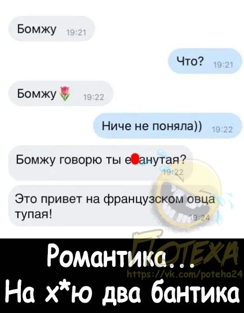 Бомжу Что Бомжу Ниче не поняла Бомжу говорю ты занутая Это привет на французском овца тупая Романтика На хю два бантика