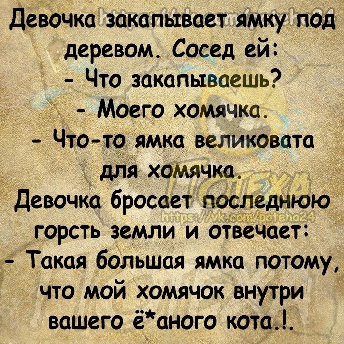 девочка закапывает ямку под деревом Сосед ей Что закапываешь Моего хомячка Что то ямка великовата для ХОМЯЧКЦ Девочка бросает последнюю горсть земли и отвечает 1 Такая большая ямка потому что мой хомячок внутри вашего ёаного кота 1