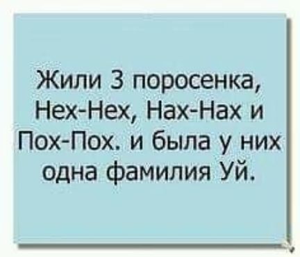 Жили З поросенка НехНех Нах Нах и Пох Пох и была у них одна фамилия Уй