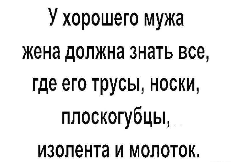 У хорошего мужа жена должна ЗНЗТЬ все где его трусы НОСКИ плоскогубцы изолента и молоток