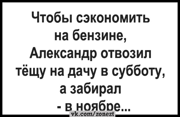 Чтобы сэкономить на бензине Александр отвозил тёщу на дачу в субботу а забирал в ноябре чЪдошшмп