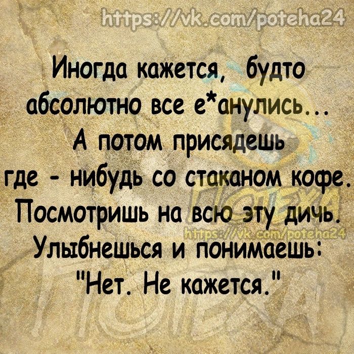 Иногда кажется будто абсолютно все еанулись А потом присядешь где нибудь со стаканом кофе Посмотришь на всю эту дичь Улыбнешься и понимаешь Нет Не кажется