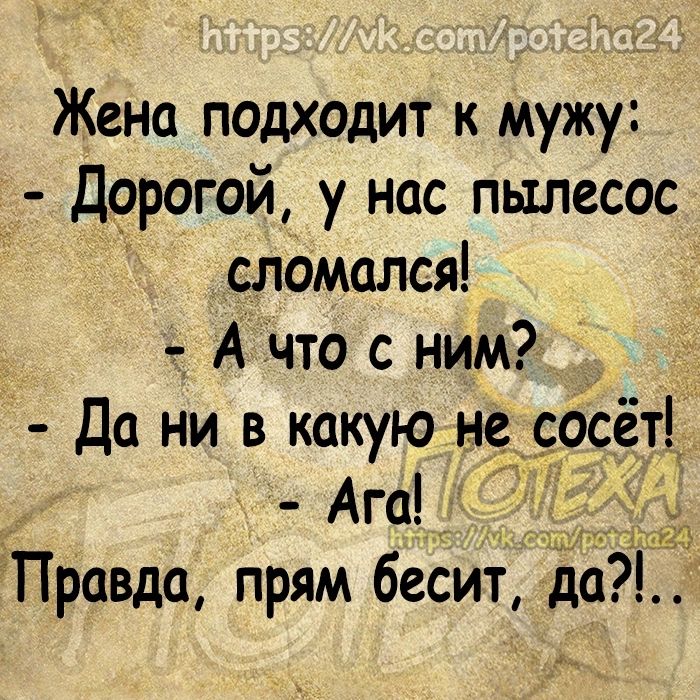 Жена подходит к мужу Дорогой у нас пылесос сломался А что с ним Да ни в какую не осёт Ага Правда прям бесит да