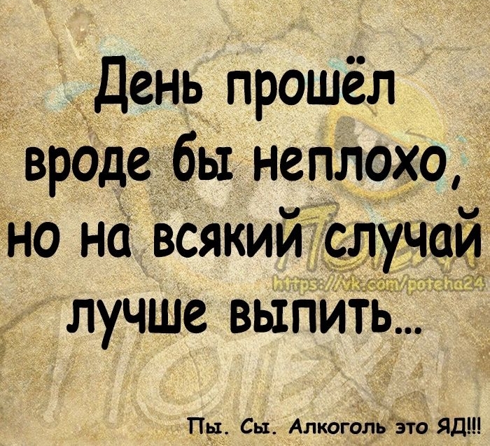 День прошёл вроде бы неплохо но на веякий случаи лучше ВЫПИТЬ Пух Сы Алкагальзто ЯДШ