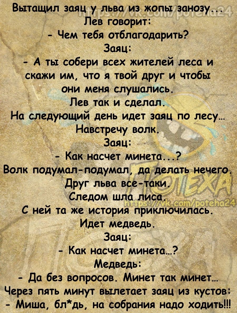 ВЬППЦМЛ ЗППП у ПЬВЦ из жопы многу Пев говирит Чем тебя отблагодарить Заяц А ты собери всех жителей леса и скажи им что я твой друг и чтобы они меня слушались Лев так и сделал На следующий день идет заяц по лесу Навстречу волк Заяц Как насчет минета Волк подумал подумал до делить нече Друг льва все таки Следом шла ли С ней то же история прикл чилась Идет медведь Заяц Как насчет минета Медведь _ да 