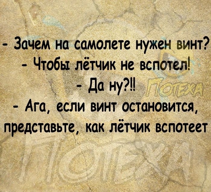 _ Зачем на самолете нужен винт Чтобы лётчик не вспотел Да ну Ага если винт остановится представьте как лётчик вспотеет