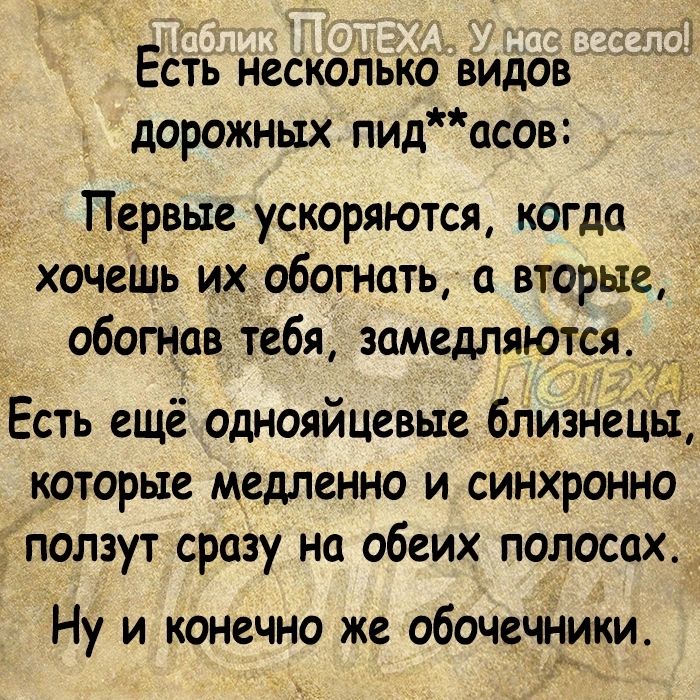 Есть несколько Видов дорожных пидасов Первые ускоряются когда хочеШь их обогнать а вторые обогнав тебя замедляются Есть ещё однояйцевые близнешпд которые медленно и синхронно ползут сразу на обеих полосах Ну и конечно же обочечники