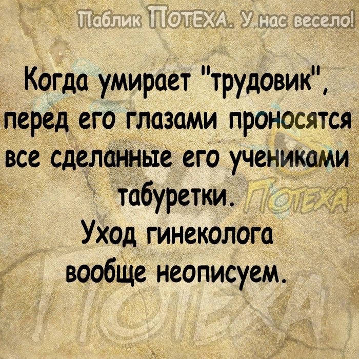Когда умирает трудовик перед его глазами проносятся все сделанные его учениками табуретки Уход гинеколога вообще неописуем