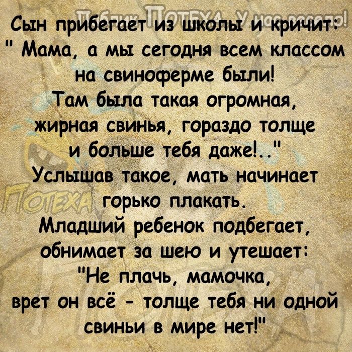 Сын прибегает из школы и кричи ті Мама а мы сегодня всем классом на свиноферме были Там была такая огромная жирная свинья гораздо толще и больше тебя даже Услышав такое мать начинает горько плакать Младший ребенок подбегает обнимает за шею и утешает Не ПЛачь мамочка врет он всё толще тебя ни одной свиньи в мире нет